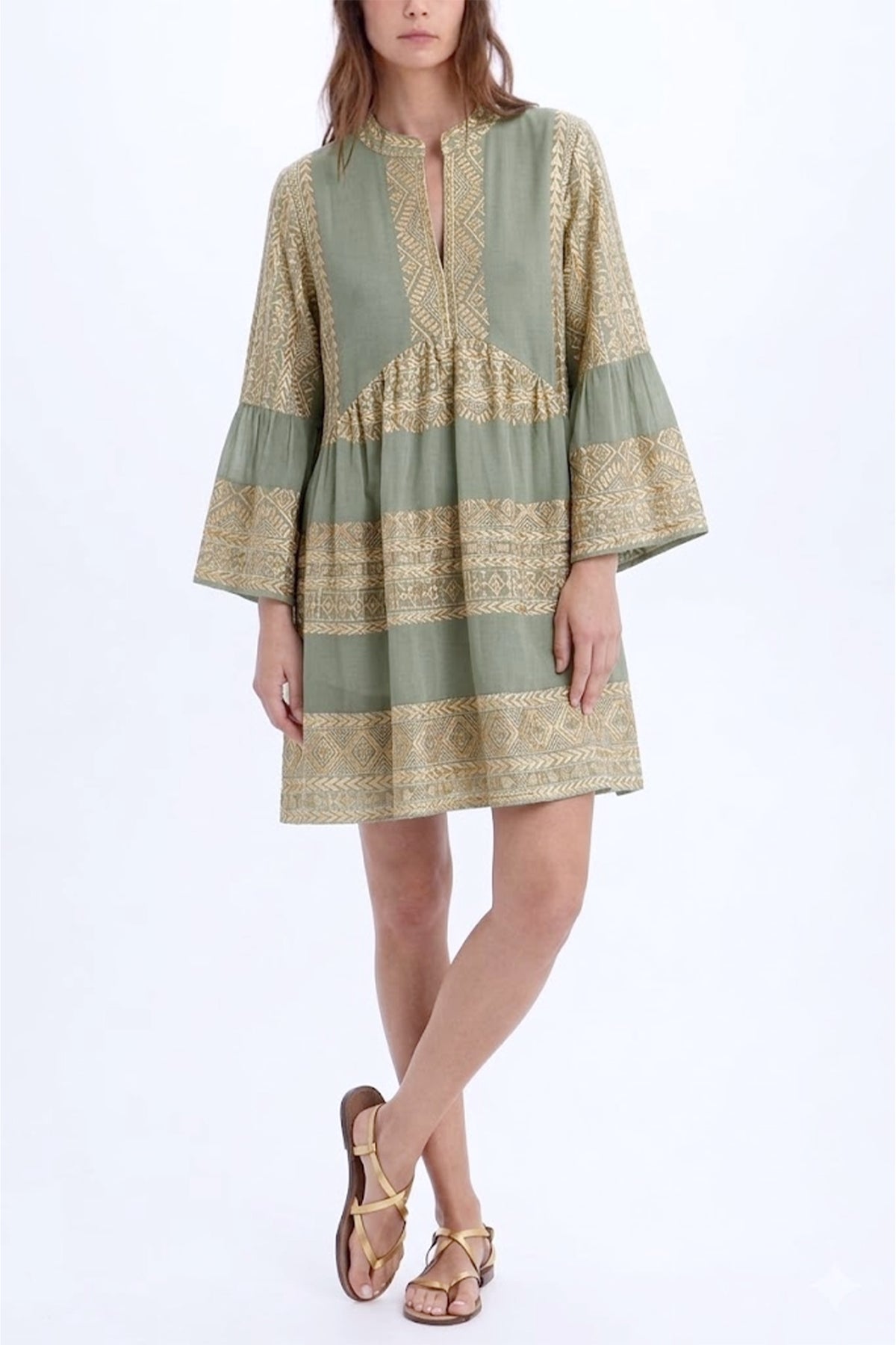 SHORT COTTON TUNIC DRESS "EMBROIDERED" SAGE/GOLD