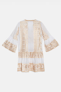 SHORT COTTON TUNIC DRESS "EMBROIDERED" WHITE/GOLD