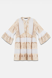 SHORT COTTON TUNIC DRESS "EMBROIDERED" WHITE/GOLD