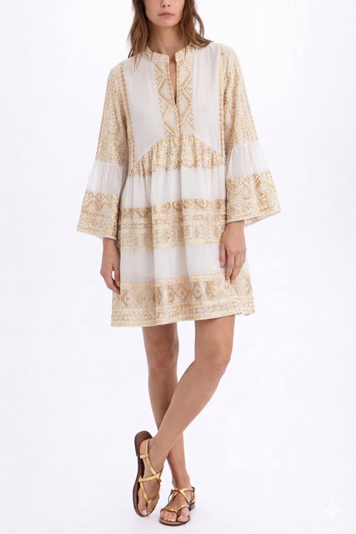 SHORT COTTON TUNIC DRESS "EMBROIDERED" WHITE/GOLD