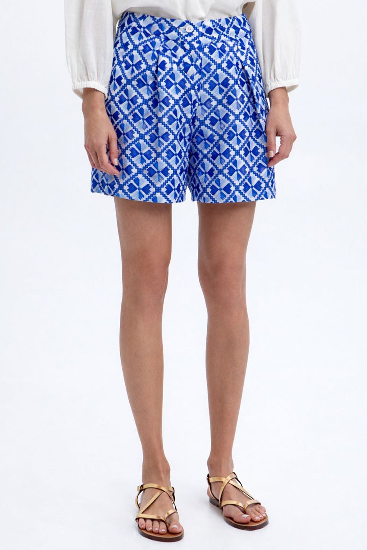 PLEATED RAMIE SHORTS "FLAKES" WHITE/BLUE/CIEL