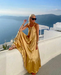 LONG BACKLESS DRESS "GLOSSY SATIN" GOLD