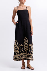 SLIM STRAPPY LINEN DRESS "FEATHER" BLACK/GOLD