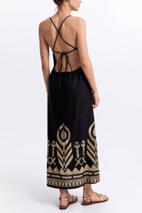 SLIM STRAPPY LINEN DRESS "FEATHER" BLACK/GOLD