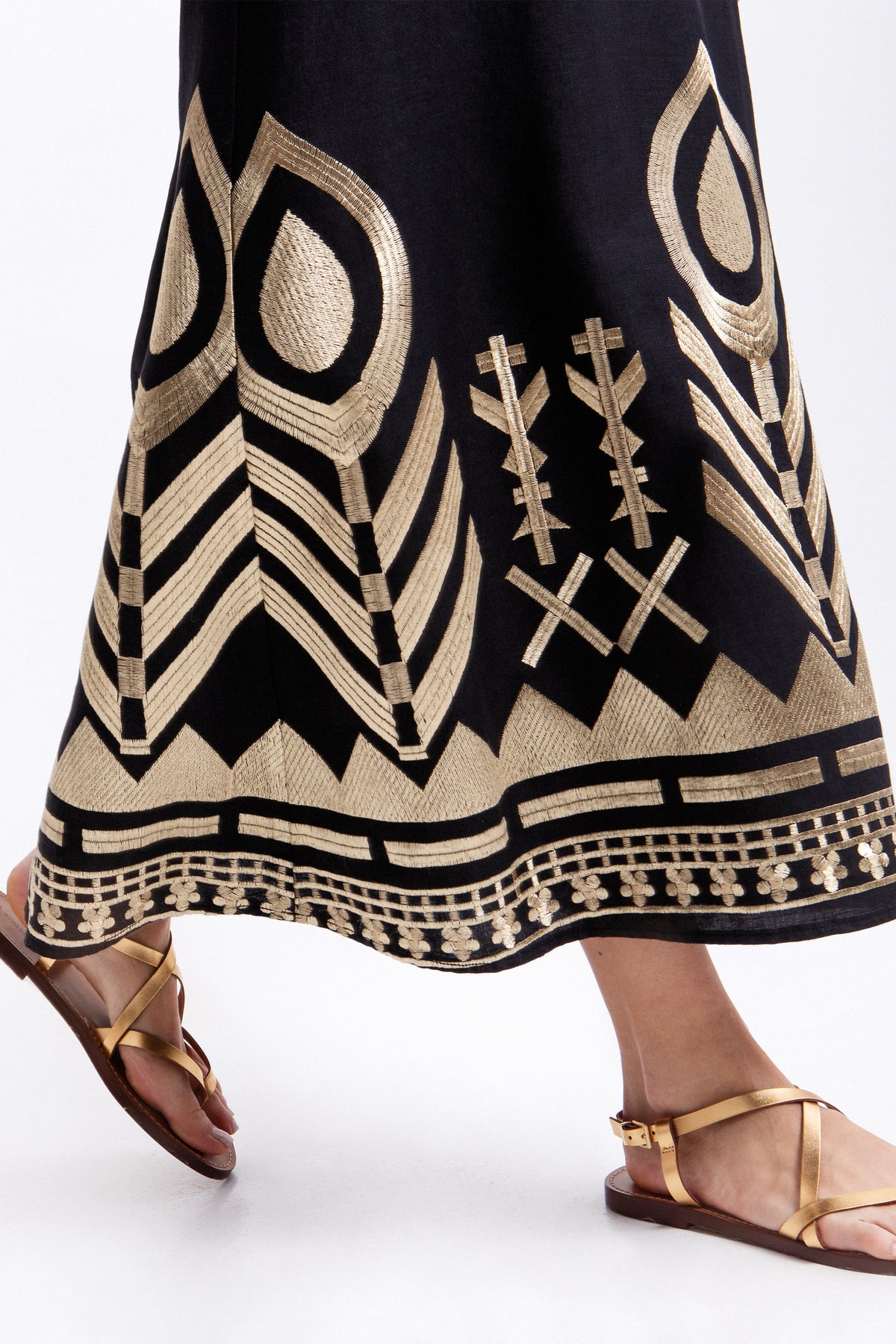 SLIM STRAPPY LINEN DRESS "FEATHER" BLACK/GOLD