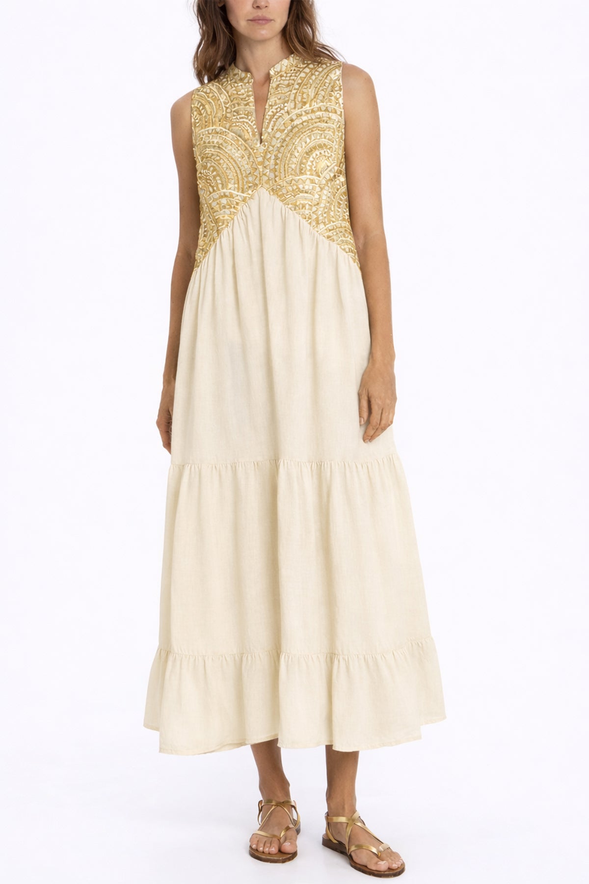 LONG SLEEVELESS COTTON DRESS "TRIANGLE" NATURAL/GOLD