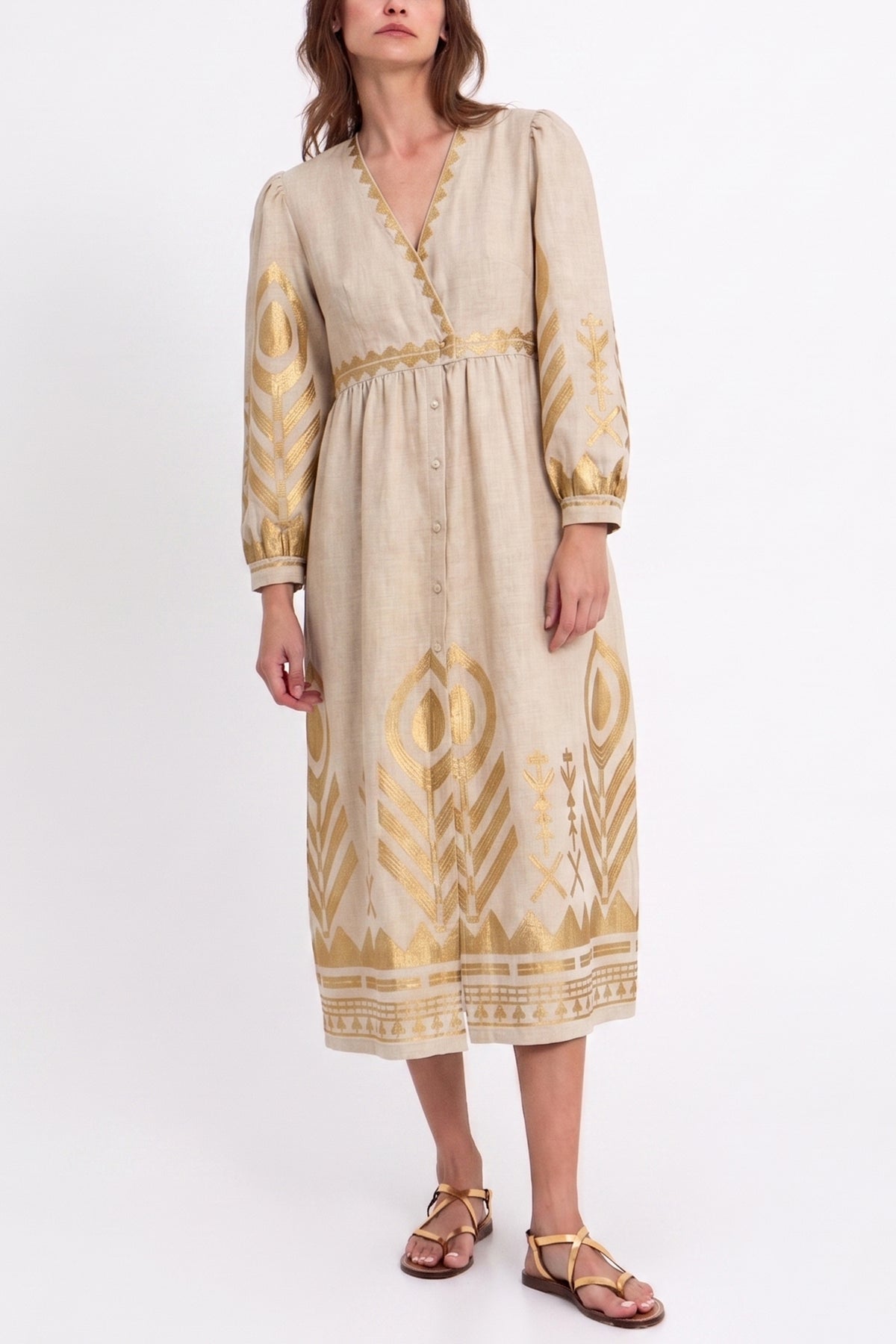 MIDI LINEN DRESS WITH V-NECK "FEATHER" BEIGE/GOLD