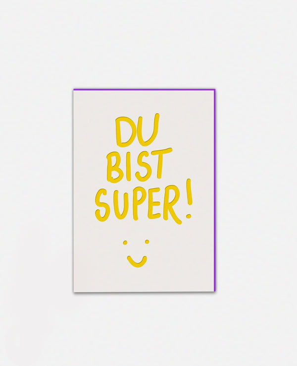 LETTERPRESS CARD "DU BIST SUPER!" YELLOW/LILAC