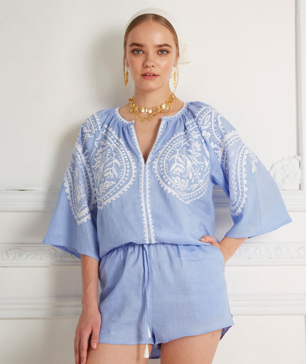 EMBROIDERED LINEN BLOUSE "ARETI" LIGHT BLUE