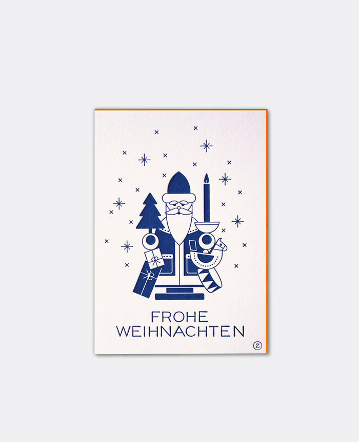LETTERPRESS CARD "FROHE WEIHNACHTEN" BLUE/NEON ORANGE