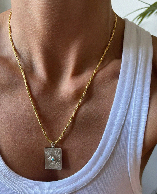 CORD CHAIN NECKLACE "HOLY BLUE EYE" GOLD/TURQUOISE