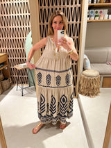 LONG SLEEVELESS LINEN DRESS "FEATHER" SAND/NAVY