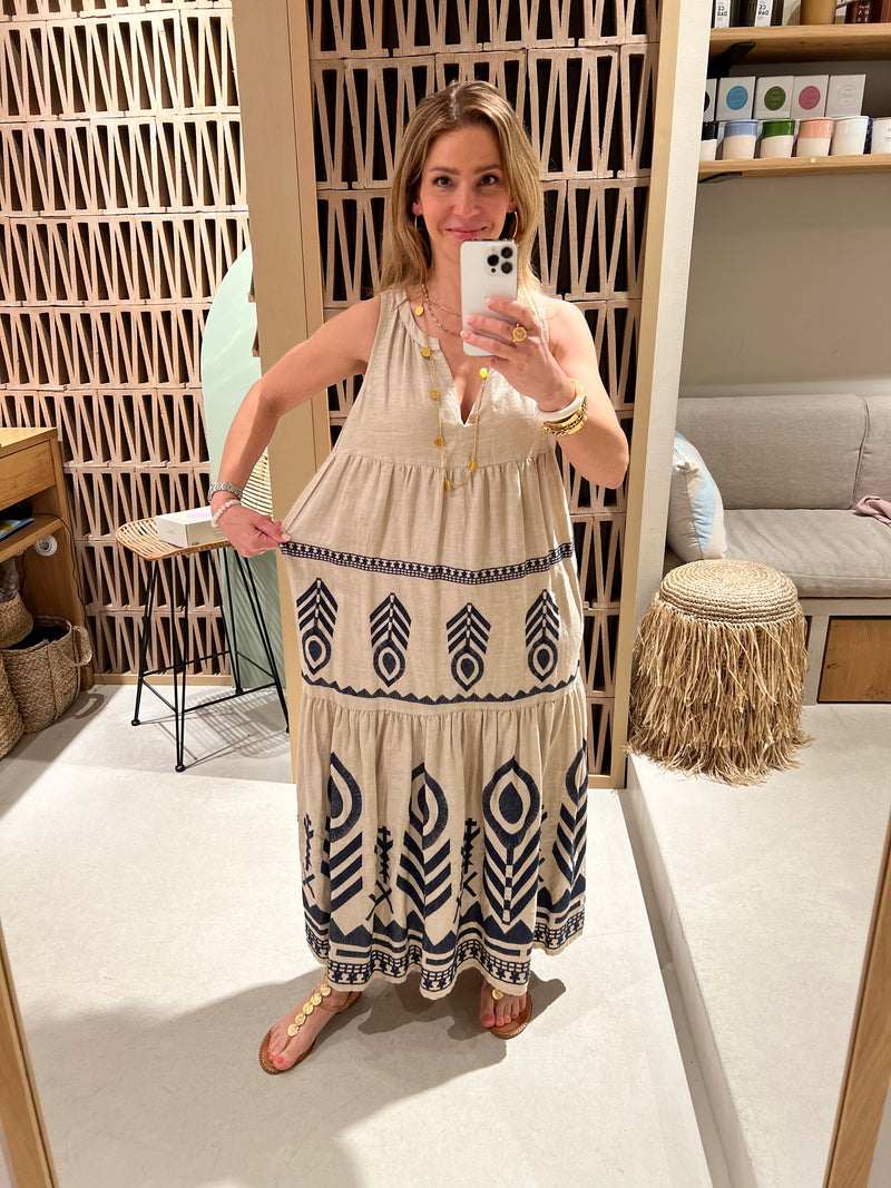LONG SLEEVELESS LINEN DRESS "FEATHER" SAND/NAVY