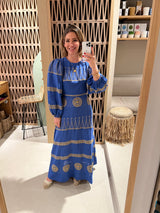 LONG DRESS WITH OPEN BACK "LINDOS" TRUE BLUE/GOLD