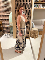 LONG SLEEVELESS LINEN DRESS "FEATHER" SAND/NAVY