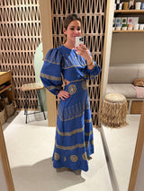 LONG DRESS WITH OPEN BACK "LINDOS" TRUE BLUE/GOLD