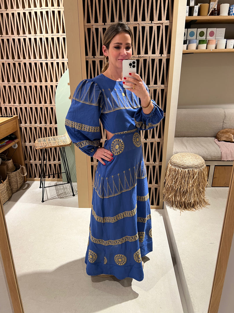 LONG DRESS WITH OPEN BACK "LINDOS" TRUE BLUE/GOLD