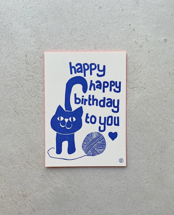 LETTERPRESS CARD "HAPPY HAPPY BIRTHDAY TO YOU" BLUE/NEONORANGE