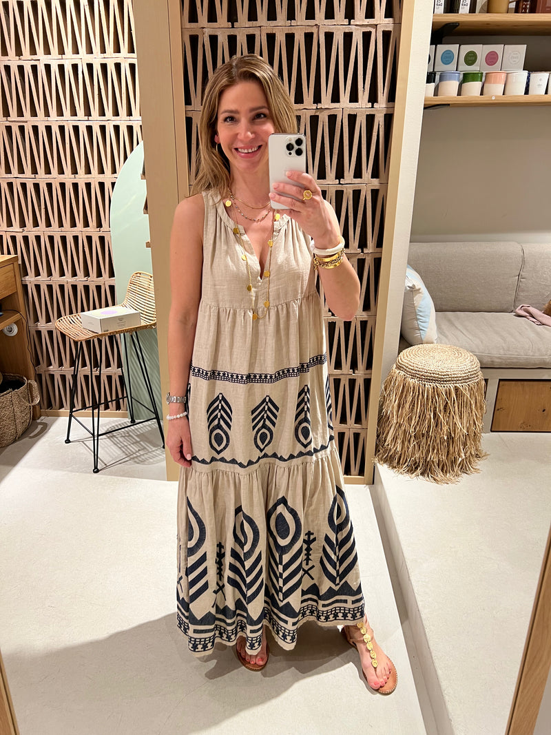 LONG SLEEVELESS LINEN DRESS "FEATHER" SAND/NAVY