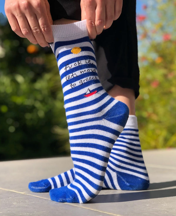 SOCKS "LET'S MOVE TO GREECE" WHITE/BLUE