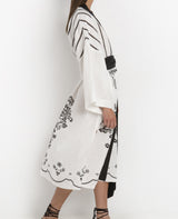 KIMONO LINEN DRESS "FLEUR" WHITE/BLACK