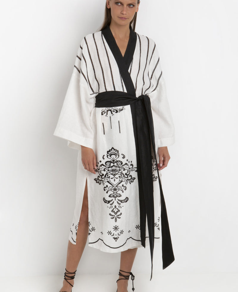 KIMONO LINEN DRESS "FLEUR" WHITE/BLACK