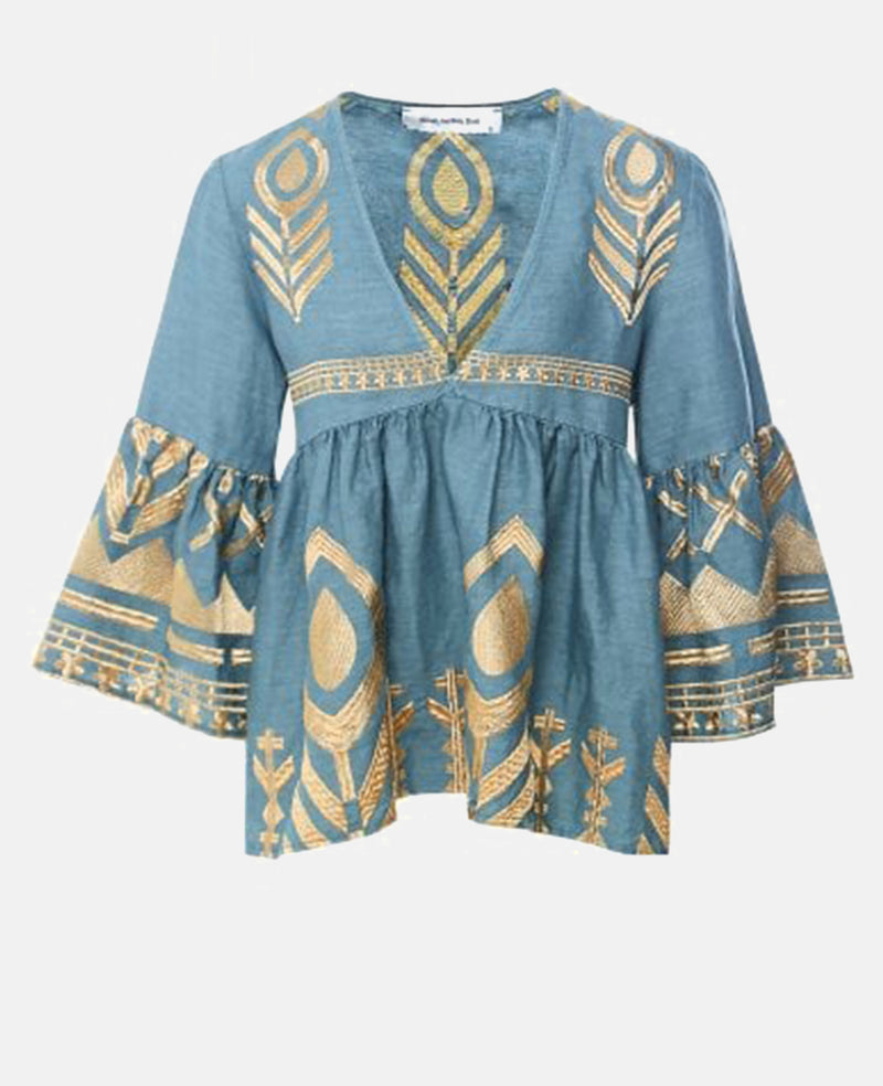 LINEN BLOUSE "FEATHER" TEAL/GOLD