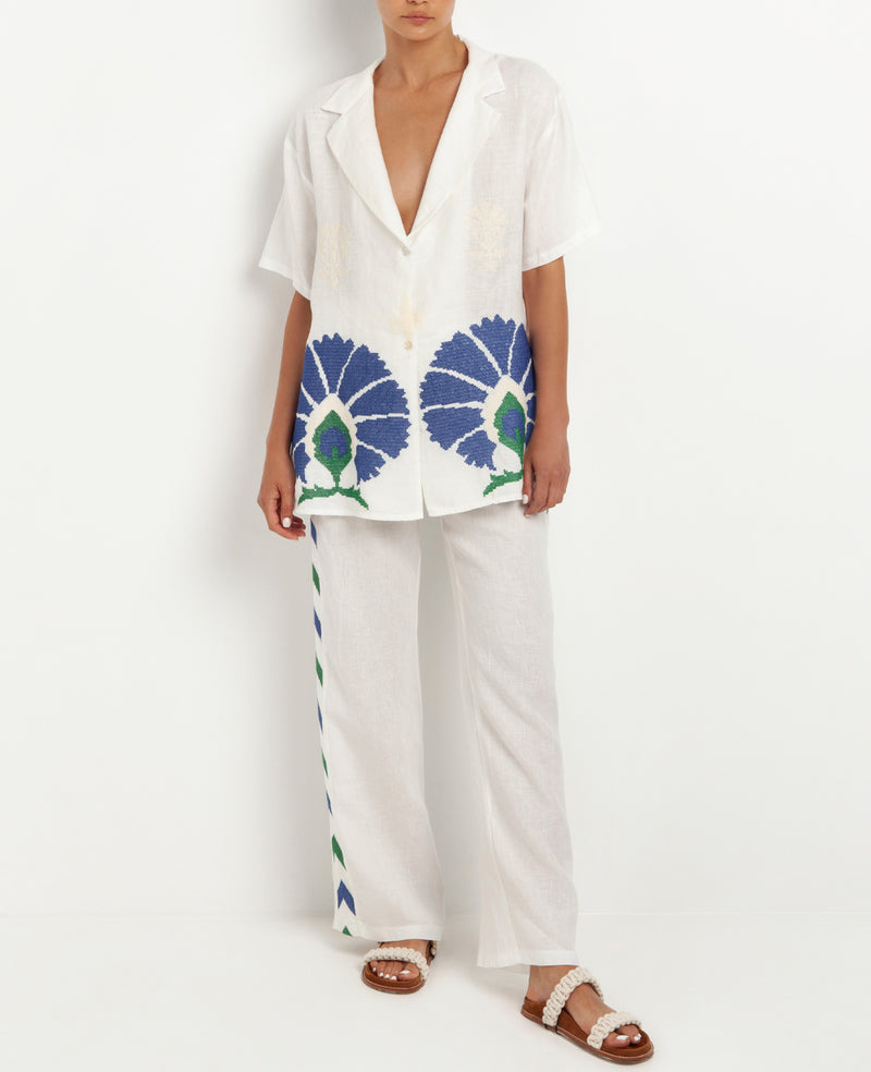 LINEN PANTS "ARROW" WHITE/BLUE-GREEN