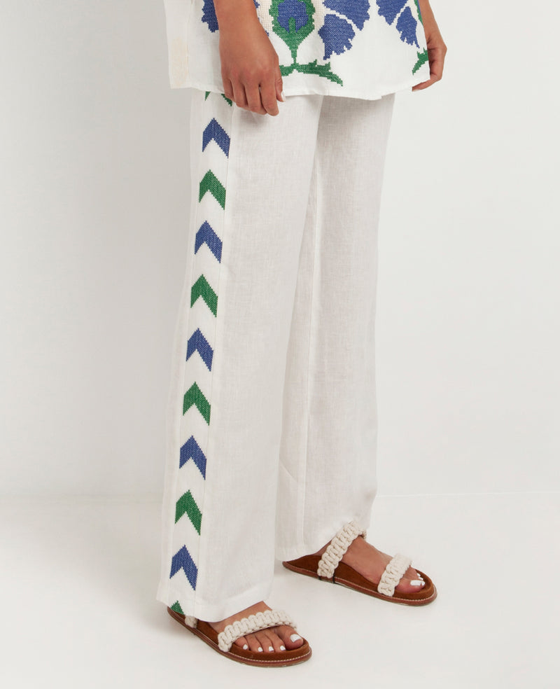 LINEN PANTS "ARROW" WHITE/BLUE-GREEN