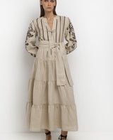 LONG LINEN DRESS "FLEUR" SAND/BLACK