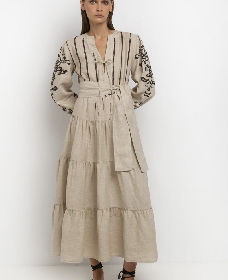 LONG LINEN DRESS "FLEUR" SAND/BLACK