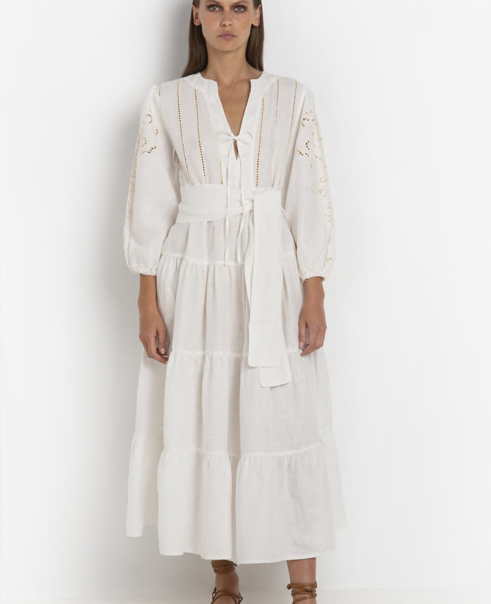 LONG LINEN DRESS "FLEUR" WHITE/CREAM