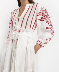 LONG LINEN DRESS "FLEUR" WHITE/RED