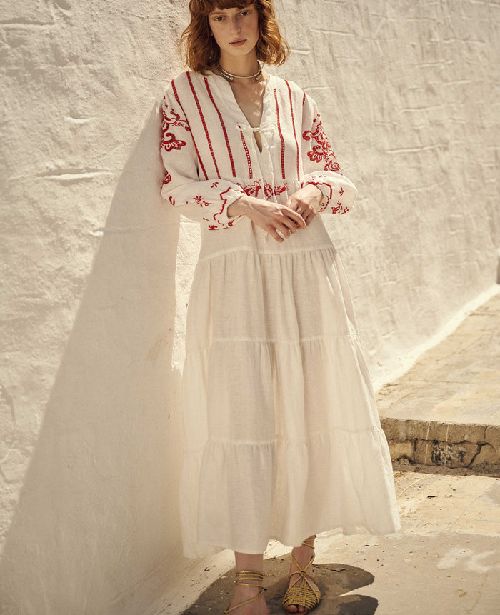 LONG LINEN DRESS "FLEUR" WHITE/RED