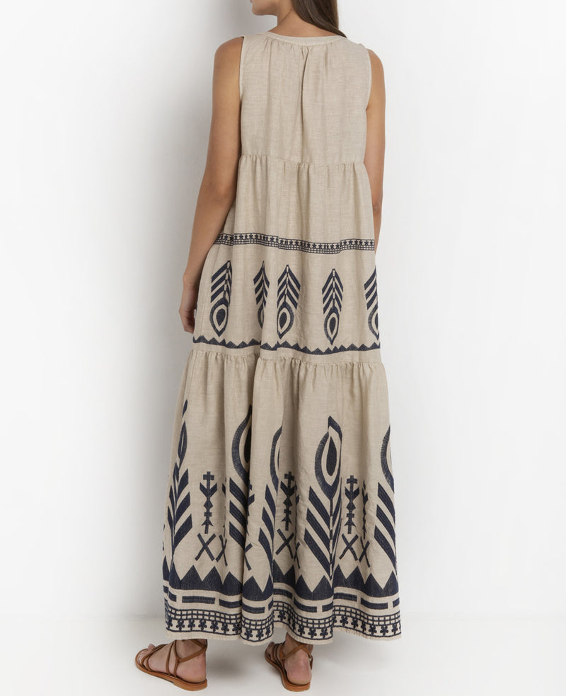 LONG SLEEVELESS LINEN DRESS "FEATHER" SAND/NAVY