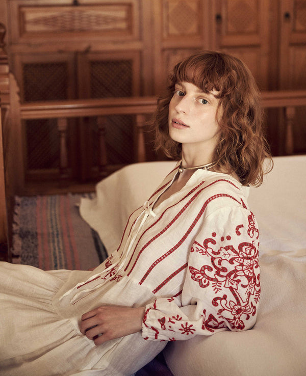 MIDI LINEN DRESS "FLEUR" WHITE/RED
