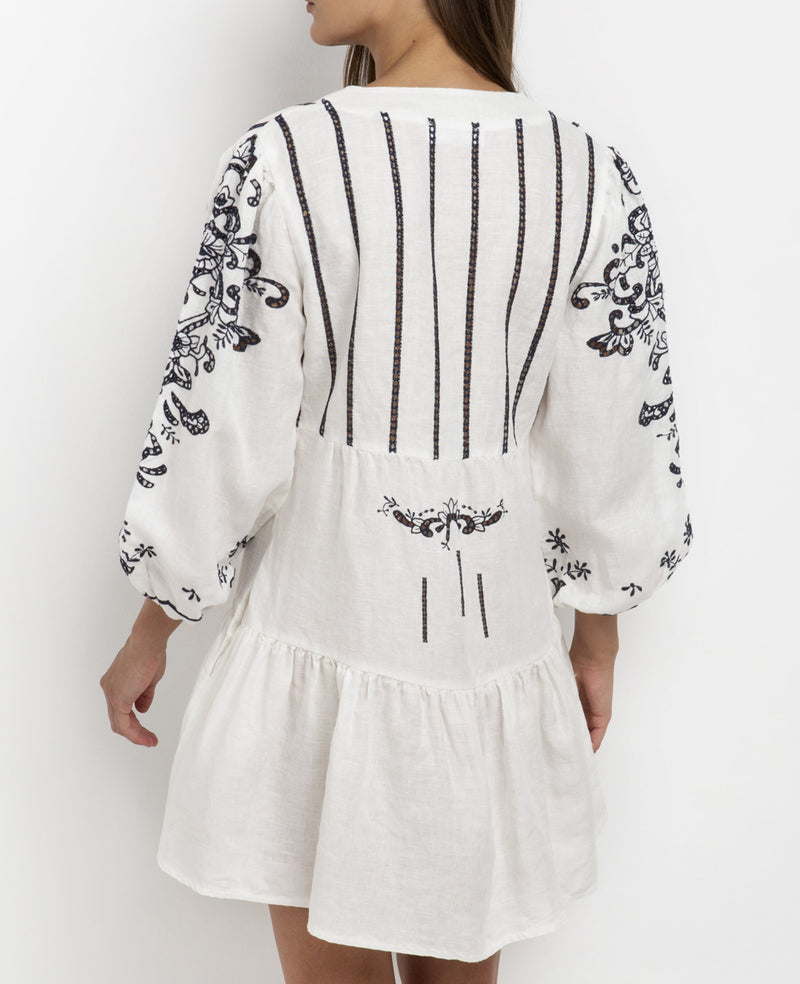 SHORT LINEN DRESS "FLEUR" WHITE/NAVY