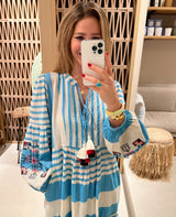 LONG TUNIC DRESS "IRIS EMBROIDERED" TURQUOISE