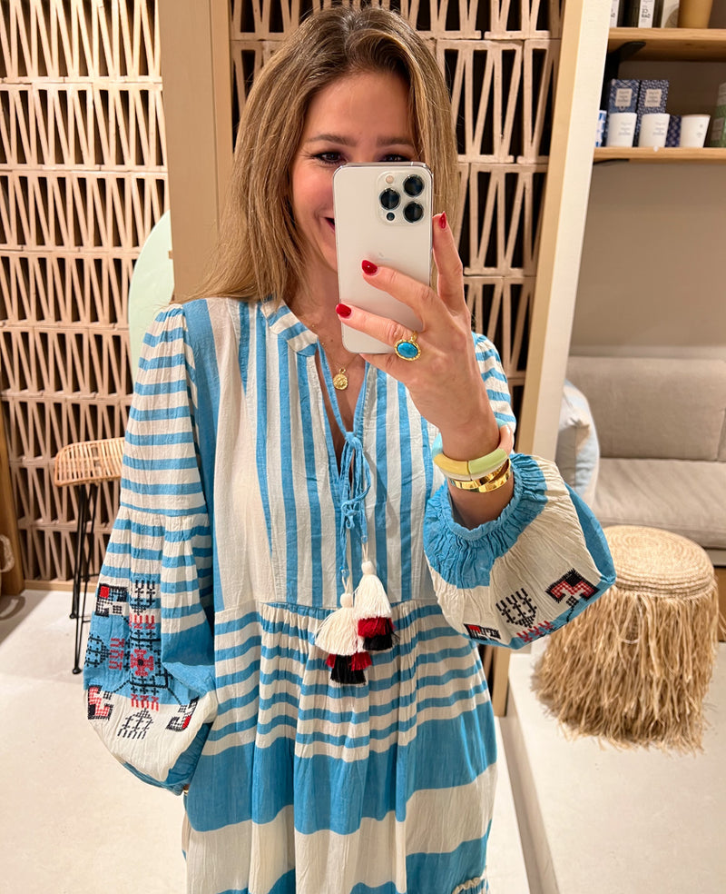 LONG TUNIC DRESS "IRIS EMBROIDERED" TURQUOISE