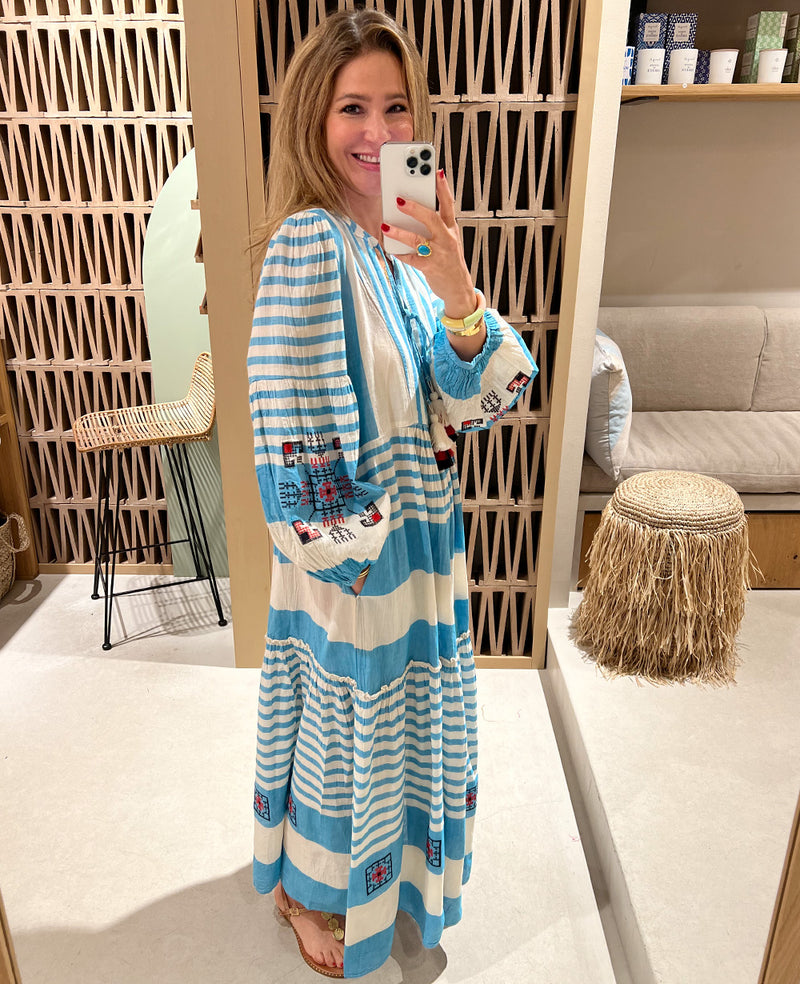 LONG TUNIC DRESS "IRIS EMBROIDERED" TURQUOISE