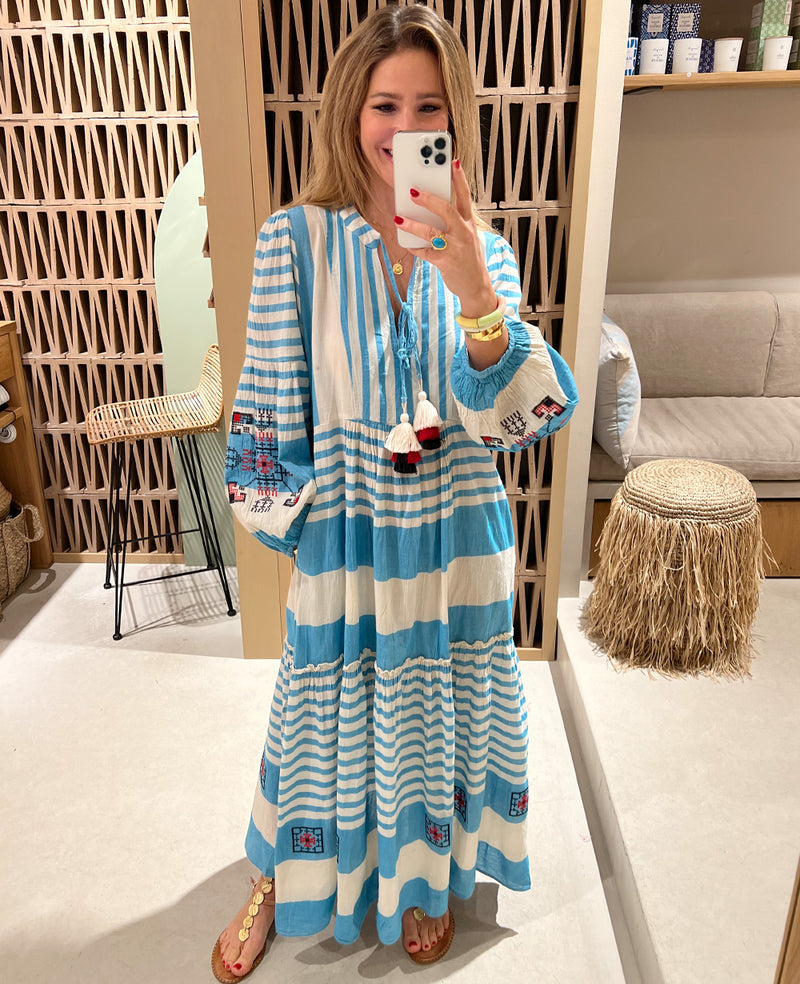 LONG TUNIC DRESS "IRIS EMBROIDERED" TURQUOISE