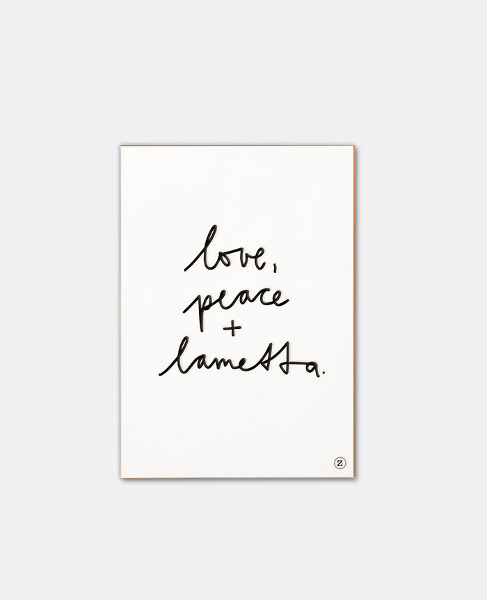 LETTERPRESS CARD "LOVE, PEACE + LAMETTA" BLACK/NEON ORANGE