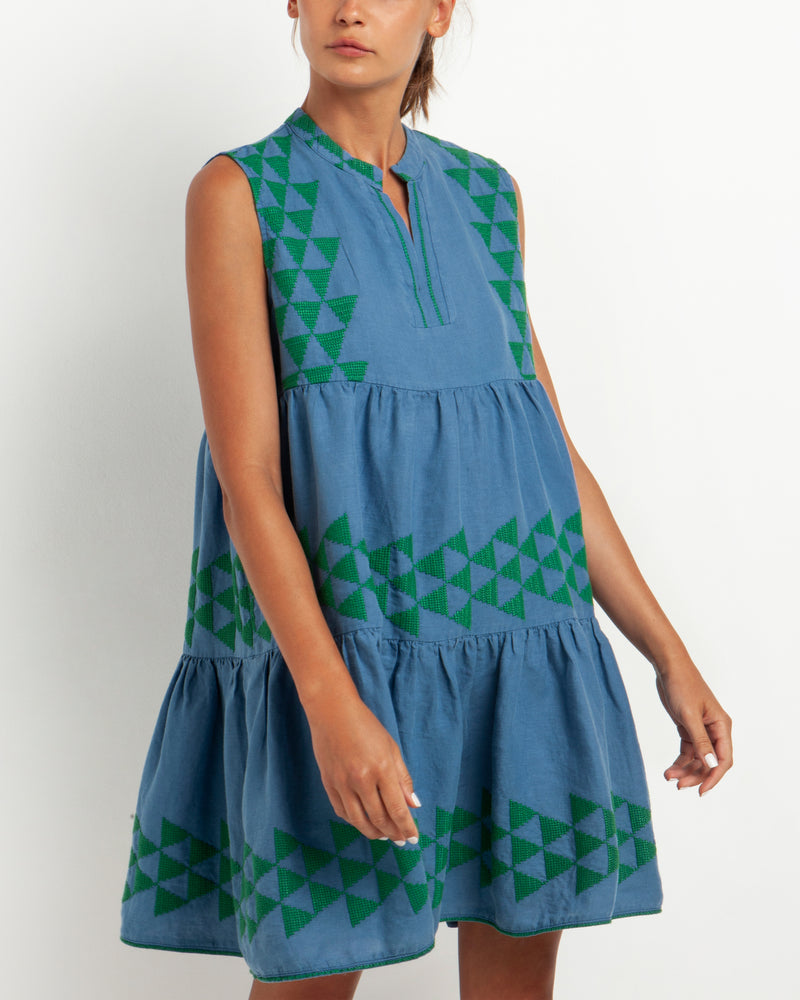 SHORT SLEEVELESS LINEN DRESS "TRIGONO"